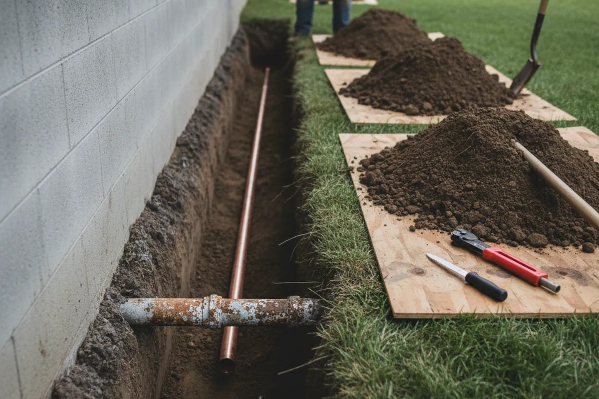 Excavated water line trench during Water Softener Installation in Mckenna